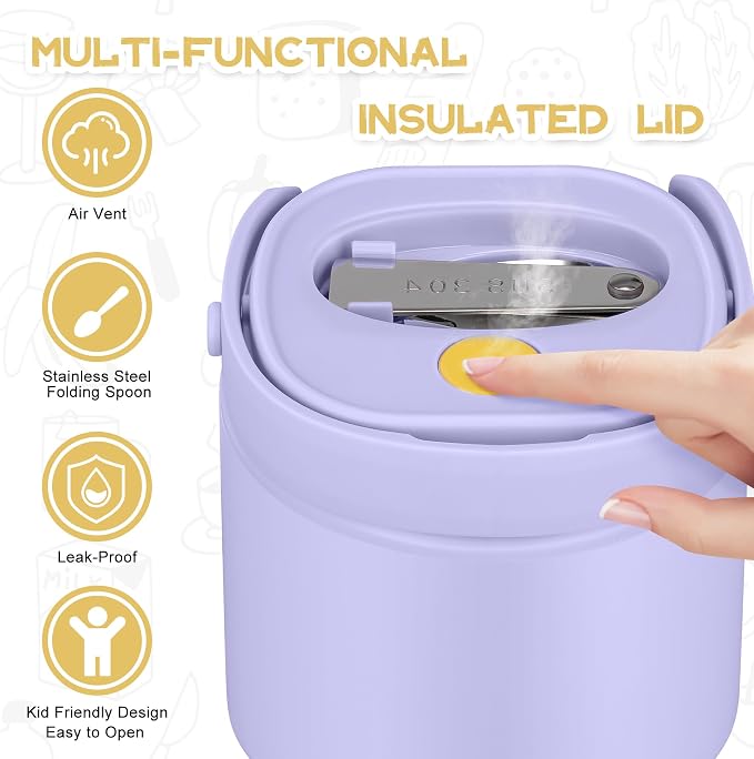 20oz Soup Thermo for Hot Food with a Snack Box Container，Leak Proof Insulated Lunch Container Kids and Adults，Stainless Steel Double Wall Vacuum Wide-mouth Food Jar with Spoon and Handle（Purple）