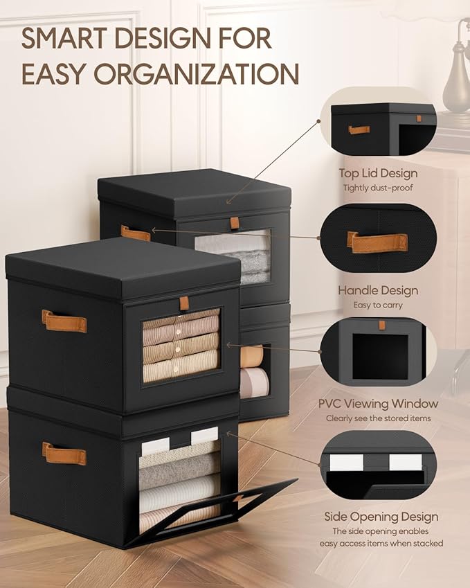Homsorout Storage Bins with Lid – Closet Organizer with Side Opening and Clear Window, Foldable Stackable Fabric Basket for Clothes, Home, Office - 13.77" x 11.8" x 9.8", 5 Pack, Black