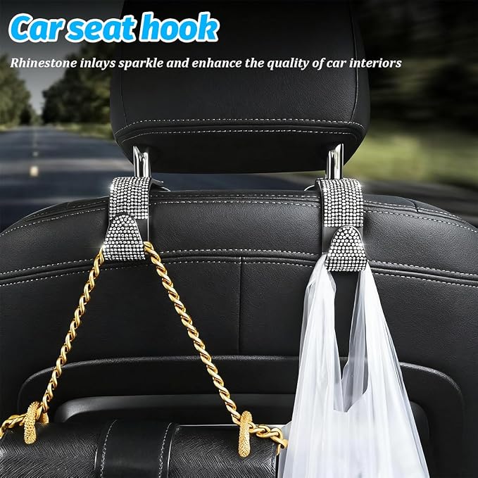 Zpana 4PCS Bling Car Seat Headrest Hooks, Vehicle Back Seat Purse Handbag Hanging Holder with Crystal Rhinestone, Diamond Storage Organizer Hook, Universal Automotive Accessories (Green)