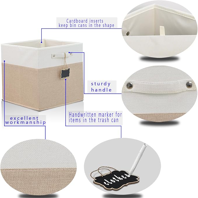 Foldable Fabric Storage Cubes with Labels, Linen Cube Storage Organizer Bins for Kallax Storage - Set of 4 (12 x 12) in White Khaki