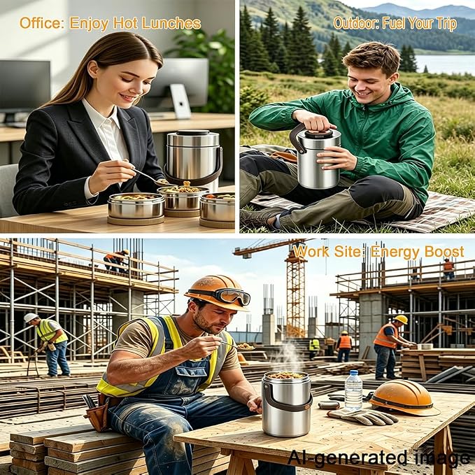 67 oz Stainless Steel Vacuum Insulated Food Jar, 3-Layer Stackable Design | Sealed Leak-Proof Wide Mouth Portable,Suitable for Daily Office Meals and Outdoor Meals (Silver)