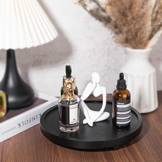 Round Decorative Tray Wood Bathroom Counter Organizer Farmhouse Kitchen Decor Wooden Riser for Soap Dish, Perfume, Candle, Sponge, 10" - Black | Waterproof, Lightweight, Easy Clean, Wood Riser Pedestal Stand Accessories for Office Desk, Vanity, Counter...