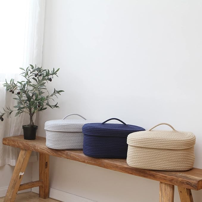 Sea Team Oval Cotton Rope Storage Basket with Lid, Lidded Woven Storage Bin, Nursery Storage Container, Diaper Caddy, Baby Shower Basket, Box, Organizer, 15 x 11 x 6.5 Inches (Medium, Khaki)