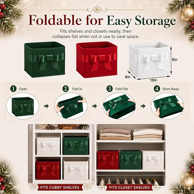 LemonRoad 3 Pcs Christmas Storage Bins 10x8x6in Red Green White Felt Gift Baskets with Elegant Bows Large Capacity Christmas Organizer for Shelves Closet Home Office, Xmas Decorative Fabric Boxes