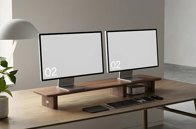 Walnut Dual Monitor Stand Riser - 43.3" Extra Long Wooden Monitor Stand for 2 Monitors, Desk Shelf Organizer for iMac, Laptop & Ultrawide Displays, Natural Wood Grain