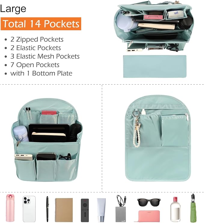 Surblue Backpack Organizer Insert Liner Hanging Travel Rucksack Purse and Handbag Insert Pocket, High-capacity Divider Foldable Nylon Shoulder Bag Organizer for Men and Women, (Skyblue, L)
