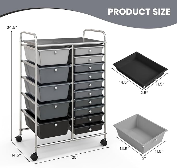Moccha 15-Drawer Rolling Storage Cart - Under Desk Storage Drawers with wheels for Craft Art Supply Paper Salon, Scrapbook Paper Tools, Mobile Utility Cart for Classroom (15 Drawers, Gradient Grey)