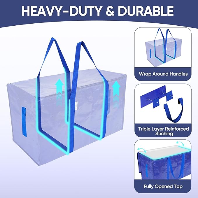 TICONN 4 Pack Extra Large Moving Bags with Zippers & Carrying Handles, Heavy-Duty Storage Tote Moving Boxes for Space Saving (4 PK, 30 Gallon)