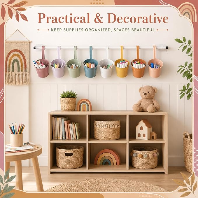 OBUSATT 8 PCS Boho Metal Pencil Holder with Pipes Back to School Hanging Iron Small Pails Colors Crayon Organizer First Day of School Boho wall pencil holderr for classroom Kids Crafts Party Favors