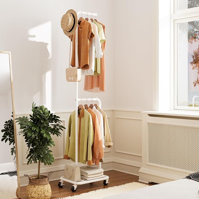 Small Rolling Clothing Rack with Shelf, Narrow Clothes Rack with Wheels | Gasvadivum 71" Tall Sturdy Metal Garment Rack with Hanging Rod, Freestanding Portable Coat Rack for Bedroom, Entryway, White