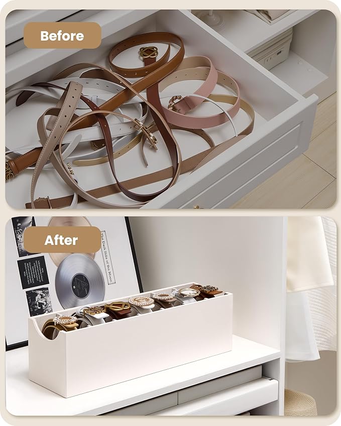 Lolalet Belt Organizer for Closet, Belt Box & Storage Drawer -Cream | PU Leather Belt Holder with 7 Extra-Wide Compartments, Soft Lining, Fits Entryway Cabinet, for Women, 2 Pack