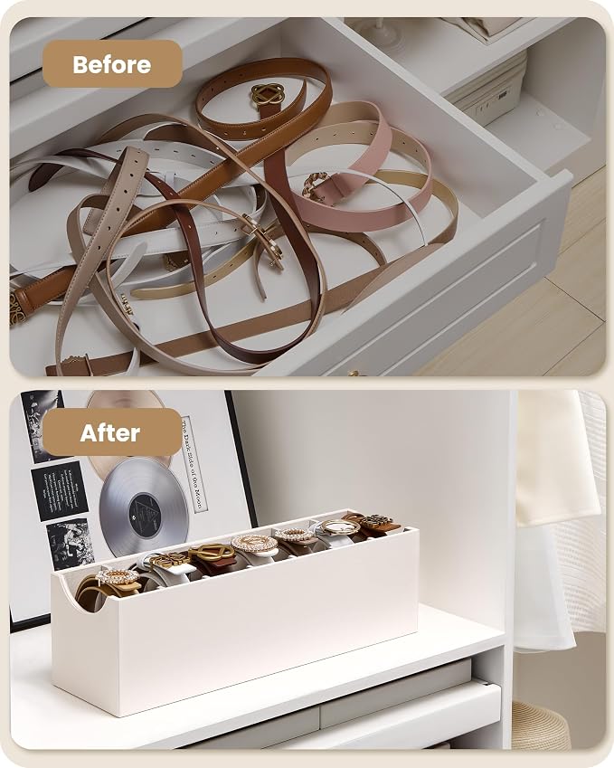 Lolalet Belt Organizer for Closet, Belt Box & Storage Drawer -Cream | PU Leather Belt Holder with 7 Extra-Wide Compartments, Soft Lining, Fits Entryway Cabinet, for Women, 1 Pack