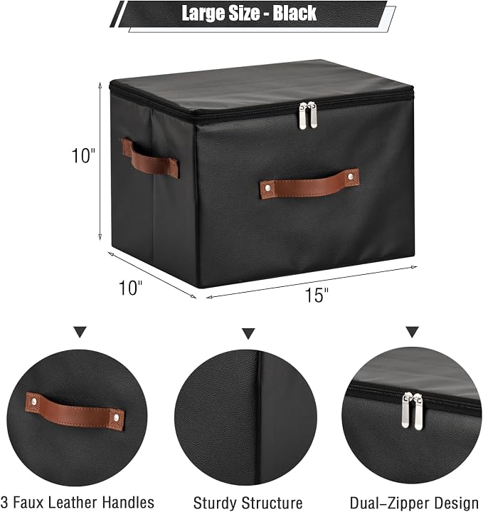 Storage Bins with Zipper Lid PU leather Storage Boxes Leather Fabric Collapsible Lidded Baskets Cube with Handle Decorative Shelves Closet Office Organizer Container(Black, Large Size)