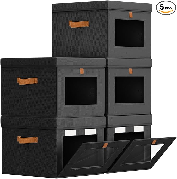 Homsorout Storage Bins with Lid – Closet Organizer with Side Opening and Clear Window, Foldable Stackable Fabric Basket for Clothes, Home, Office - 13.77" x 11.8" x 9.8", 5 Pack, Black