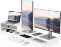 Fenge Triple Monitor Stand with Srorage Drawer, Adjustable Length and Angle | Computer Monitor Riser for 2 or 3 Monitors, Wooden Desktop Laptop Stand, Office Organizer for PC, Screen, Tablet, White