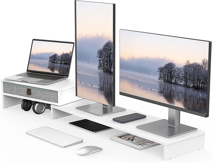 Fenge Triple Monitor Stand with Srorage Drawer, Adjustable Length and Angle | Computer Monitor Riser for 2 or 3 Monitors, Wooden Desktop Laptop Stand, Office Organizer for PC, Screen, Tablet, White