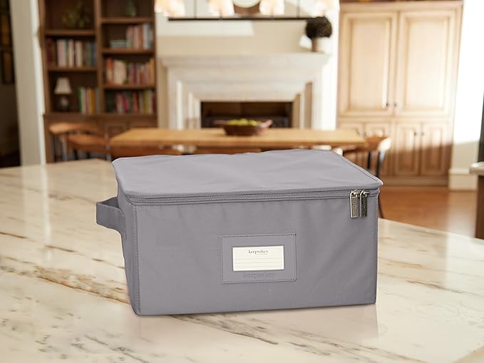 Covermates Dish Storage Box – China & Dinner Plate Storage Container with Dual Zippers, Reinforced Handles, ID Window & Stackable Structured Walls for Dishware Organization, Graphite