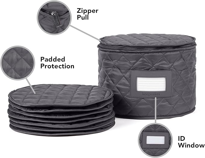 Covermates Keepsakes Dish Storage Case – Padded China & Dinnerware Organizer, Quilted Polyester Protection, ID Window, Zipper Closure, Machine Washable, Slate
