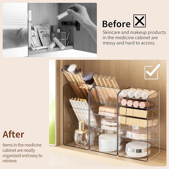 PAVSTINE 2-Pack Medicine Cabinet Organizer with Adjustable Dividers, Clear Vertical Layered Backward Slanting Shelves, Space-Saving, for Makeup Brush/Lip Gloss/Mascara Storage