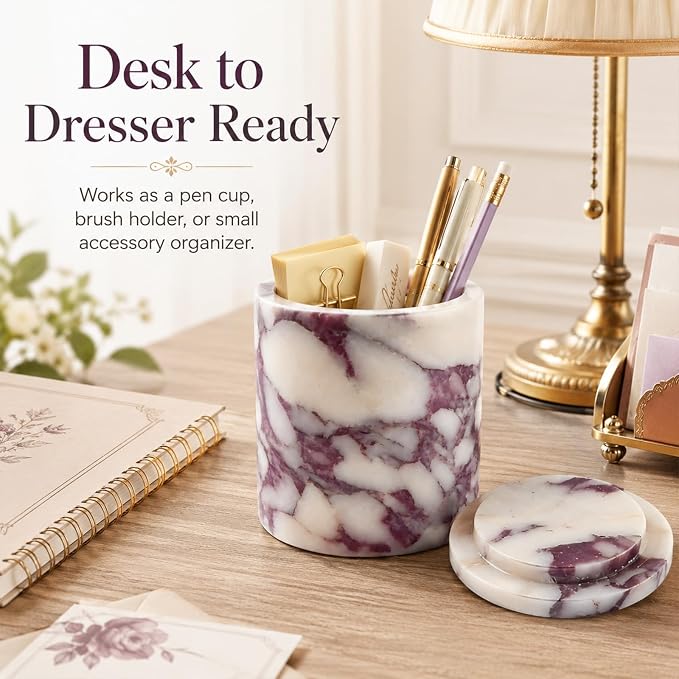 Natural Marble Round Jar with Lid, 4.13 in | A round marble jar that keeps cotton swabs, pads, and hair ties neatly stored with a natural stone accent.