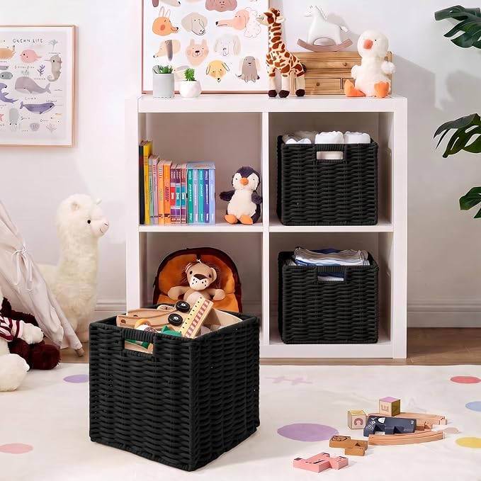 Cotton Rope Cube Storage Basket, 11 Inch Foldable Cubby Organizer Bins with Handles, Handwoven Square Basket for Organizing, Cube Closet Storage Bins for Shelves, Home Decor (Black)