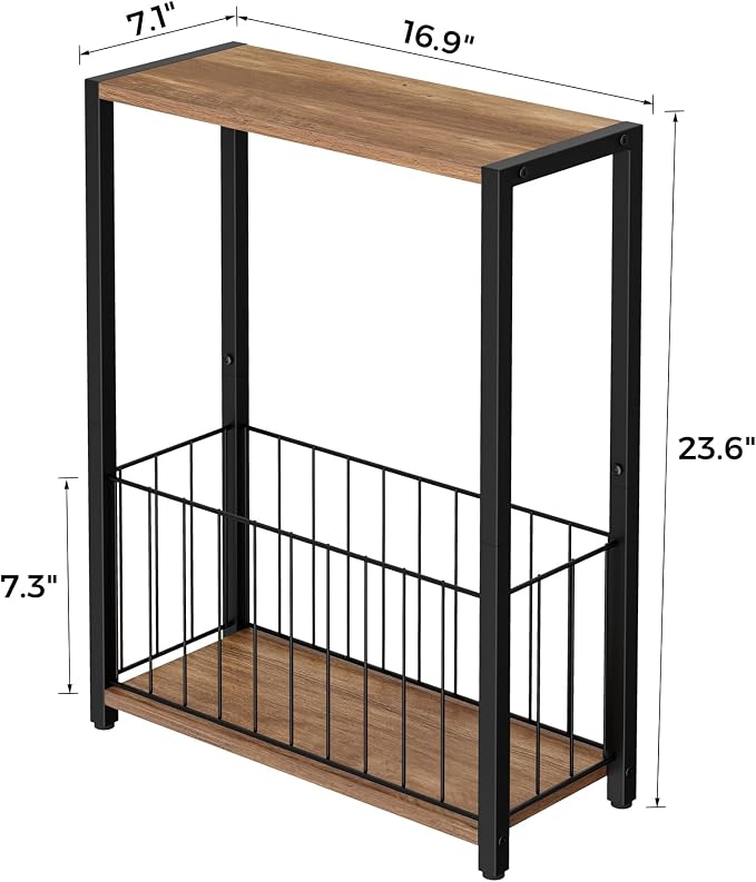 Homleke Narrow Side Table with Magazine Holder, Skinny End Table | Space-Saving Design, Small Spaces, Storage Shelf, Metal Frame, Easy Assembly, 7.1" D x 16.9" W x 23.6" H, Rustic Walnut
