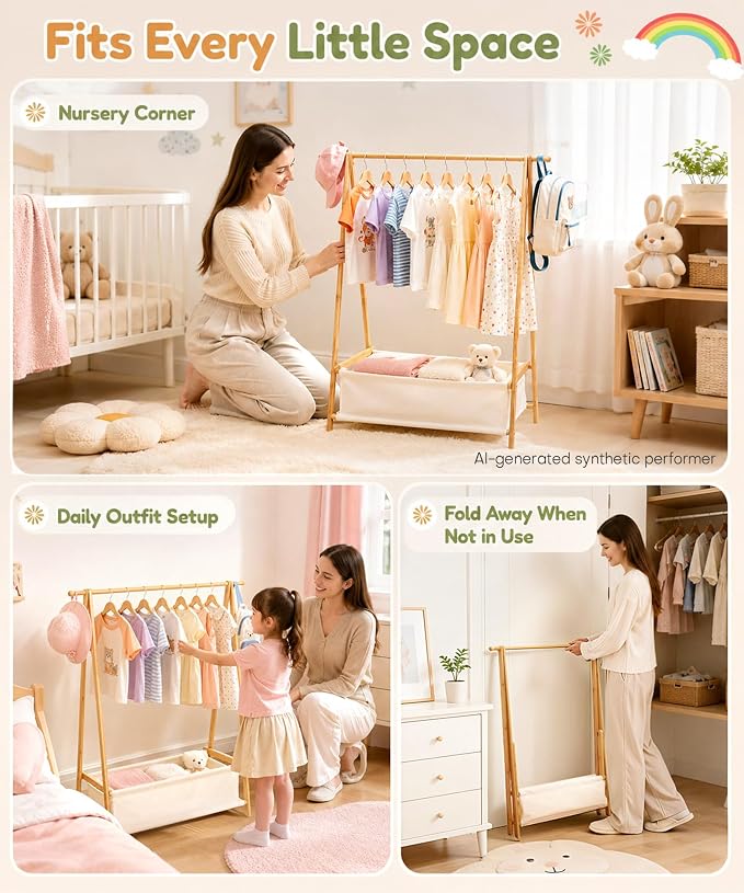 Homde Sturdy Kids Clothes Rack: 66 lb Capacity for Growing Wardrobe Needs | Hanging Rod Holds Clothes, Basket Stores Items Below - Helps Kids Build Tidy Habits - Angled Bamboo Side Frames Add Stability