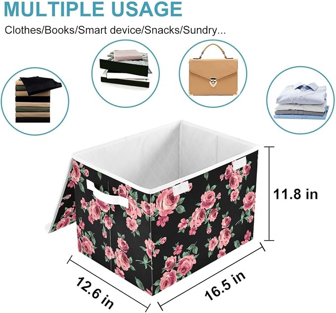 CaTaKu Large Fabric Storage Bins With Lids, Floral Pink Rose Storage Boxes With Handles for Organizing Clothes, Collapsible Storage Cube Bins Baskets for Shelves