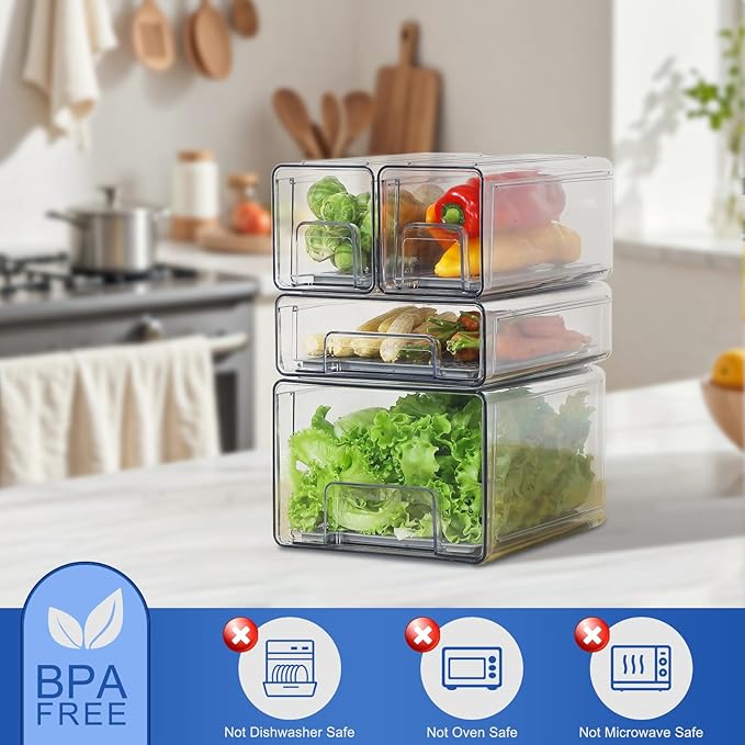 Pull Out Clear Fridge Organizer Drawers with Drainer, Refrigerator Stackable Storage Bins for Kitchen Fruit & Veggie Organization (2PCS, Small)