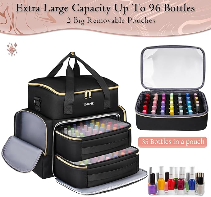 YOREPEK Large Nail Polish Organizer Case Holds 70 Bottles (15ml/0.5 fl.oz) | Nail Tech Organizers and Storage 2 Removable Nail Pouches Fits Nail Supplies, maleta para manicurista profesional