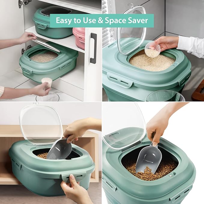 Rice Storage Container, Foldable Airtight Cereal Food Storage Containers 20 to 50 Lbs with Measuring Cup & Wheels, Dry Food Flour Sugar Storage Container Large Kitchen Pantry Holder, Green