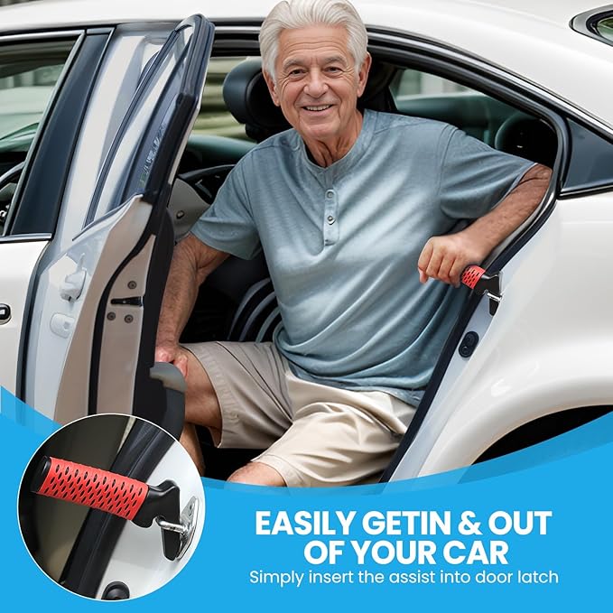 CAidRE Car Door Handle for Elderly, Car Handle Assist Support, Portable Elderly Assistance Mobility Aids for Getting Out of Car, Auto Grab Cane Nylon Strap for Seniors and Handicapped, Red