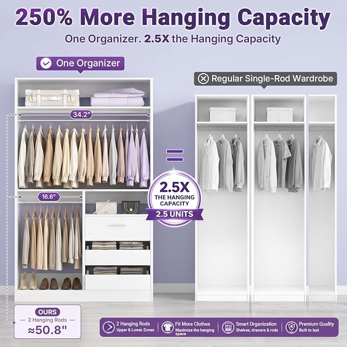 iSunirm 36'' Closet System with Long Hanging Rods, 3FT Modular Closet Organizer System with 4 Shelves, Wood Walk-in Closet with Closed & 2 Half-Open Drawers, 80" H Adjustable Garment Rack, White