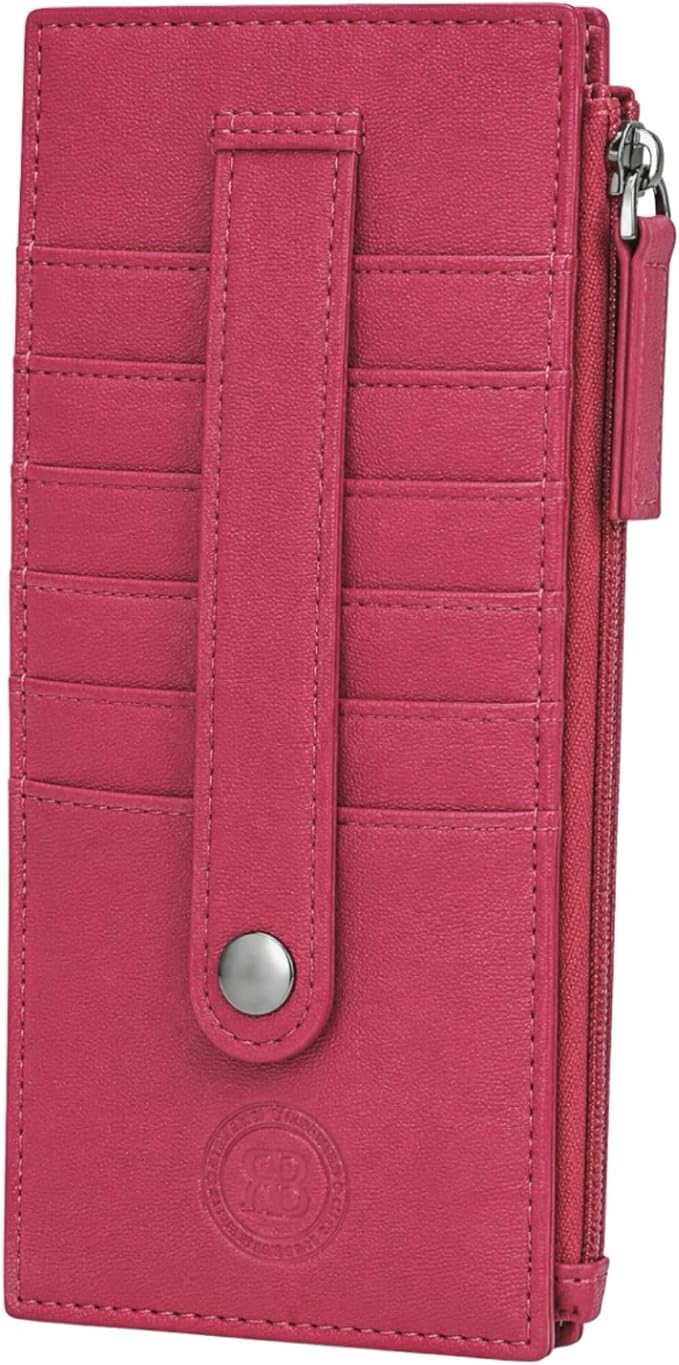 Leatherboss Genuine Leather Women's All in One Credit Business Card Case Holder Slim Zipper Wallet With a Card Protection Strap, Pink