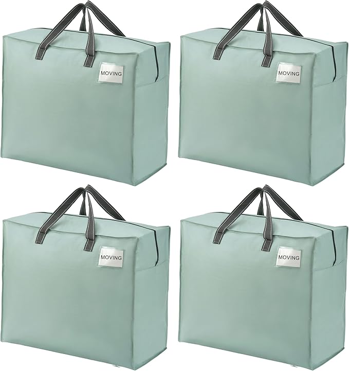 VENO 4 Pack Heavy Duty Moving Bags, Storage Bags, Packing Supplies, Top Zipper, Storage Totes for Camping, Clothes, Bedding, Comforters, Pillows (22 Gallon Light Green, 4 Pack)