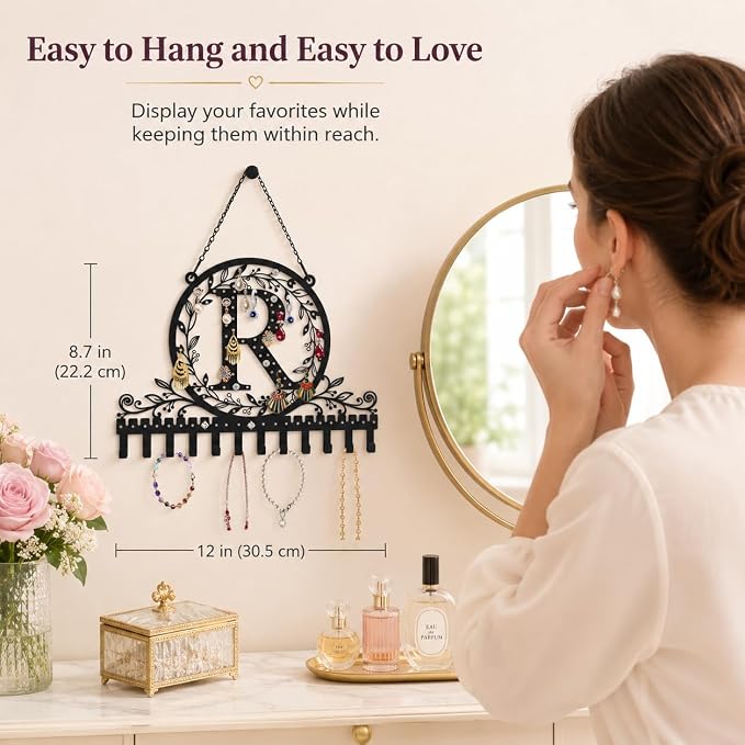 Personalized Wall Mounted Metal Initial Letter R Earring Holder Jewelry Organizer for Earrings and Necklaces Space Saving Wall Display with Hooks Jewelry Storage Bedroom Vanity Gift for Women