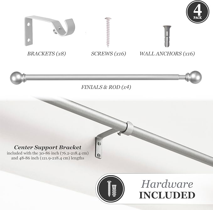 Kenney Chelsea Ball End Window Curtain Rod, Adjustable Curtain Rod for Windows 48 to 86 Inches, Extendable Curtain Rod Set, Brushed Nickel Silver Curtain Rod, Curtain Rods 4 Pack