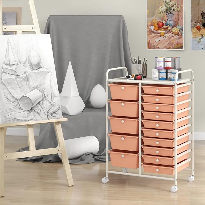 RELAX4LIFE 15-Drawer Storage Drawer Carts - Mobile Rolling Utility Cart w/Wheels, Craft Organizer for Classroom Organization and Storage, School, Office, Home, Storage Organizer Cart (Pink)