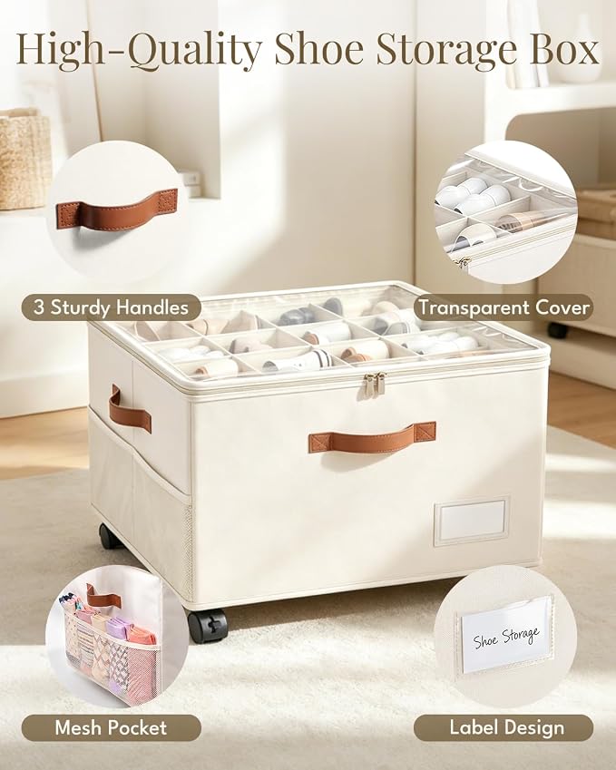 Shoe Organizer for Closet with Wheels - 2 Pack Shoe Storage Box Bin Cubes | Detachable Wheels | Fits 32 Pairs | Adjustable Dividers | Side Pockets | Clear Cover | Foldable | Stackable | Label Holder