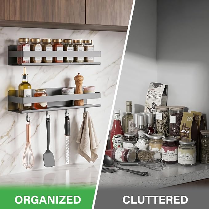 2-Pack Wall Mount Spice Rack,Easy to Install on the anywhere,Carbon Steel Kitchen Organizer with Hooks for Oil Salt Seasonings&Bathroom Toiletries,Grey