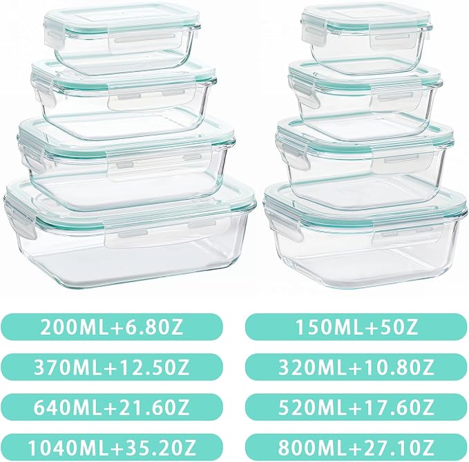 8 Pack Glass Meal Prep Containers with Lids, Glass Food Storage Containers with Snap Locking Lids, Airtight Lunch Containers for Microwave, Oven, Freezer and Dishwasher BPA Free (Green)