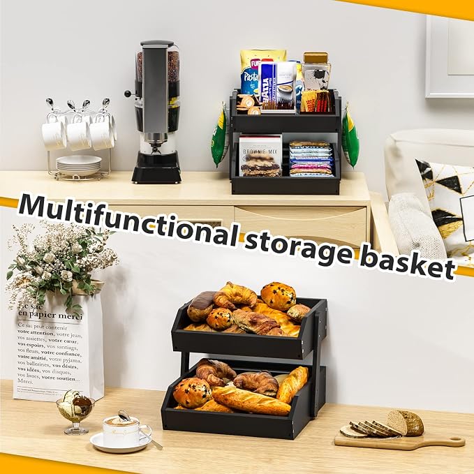 Gmtsl Bamboo Fruit Basket for Kitchen, Fruit Holder for Kitchen Countertop | 2 Tier Fruit bowl for Kitchen Counter, Fruit Stand, Vegetable Basket Storage, Produce Organizer, Bread Snack Display(BLACK)