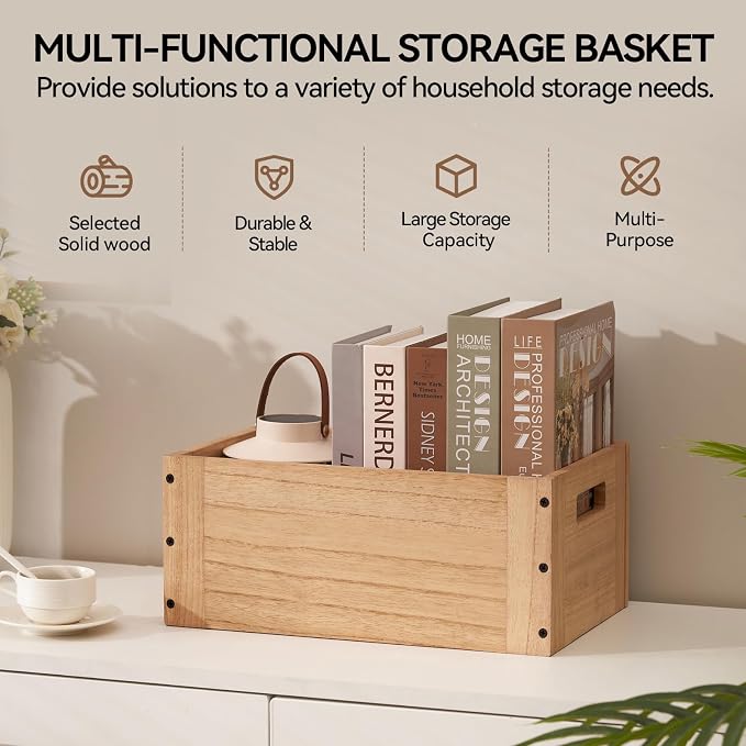 KIRIGEN Stackable Wood Storage Cube with Handles, Open Cubby Bin, Natural | Open-Front Wooden Box Crate for Books, Clothes, Shoes, Closet Storage, and Display for Home Office, Assembly Required C5-NA