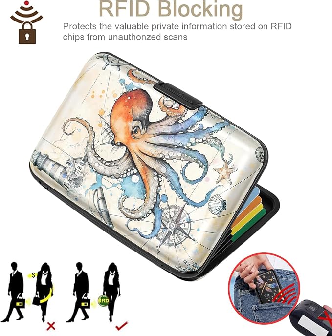 Coco Rossi Credit Card Holder RFID Aluminum Small Mini Wallet Women | Metal Wallet, Business Cards Holder, ID Case, Slim Sleeves, Womens Girls Gift, Carry Proof Wallets for Travel, Octopus