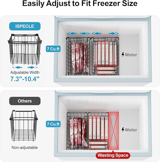 iSPECLE Freezer Organizer Bins - 3 Pack Adjustable Width for 5 to 7 Cu.Ft Chest Freezers, Stackable Freezer Wire Storage Baskets for Deep Freezer Organization, Assembly Required, Black