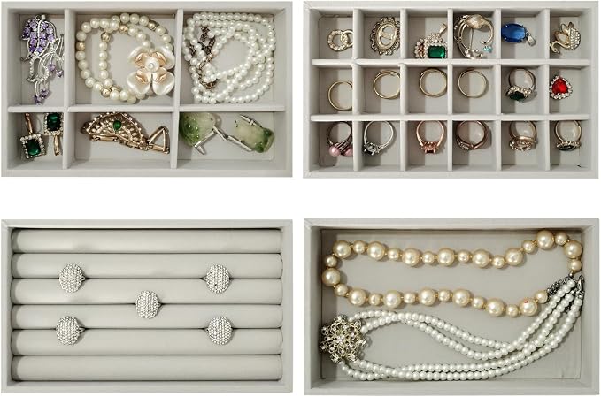 Stackable Jewelry Organizers and Storage with Velvet Jewelry Trays, Earring Organizer and Jewelry Drawer Organizer Inserts for Drawers
