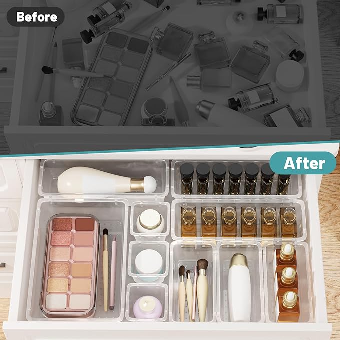 WOWBOX 40 PCS Clear Plastic Drawer Organizer Set, 4 Sizes Desk Drawer Organization and Storage Containers for Makeup, Cosmetics, Jewelry and Gadgets in Kitchen, Bathroom, Bedroom, Office, Clear