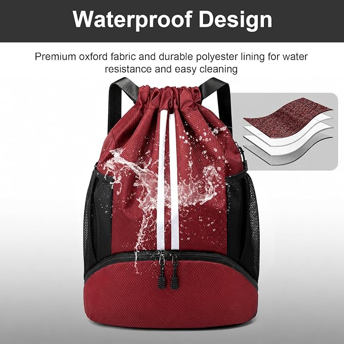 Hoedia Sports Drawstring Backpack - Swim Gym Bag for Women and Men | String Bag with Shoes Compartment and Wet Proof Pocket, Adjustable Wider Shoulder Strap, For Soccer, Basketabll, Volleyball