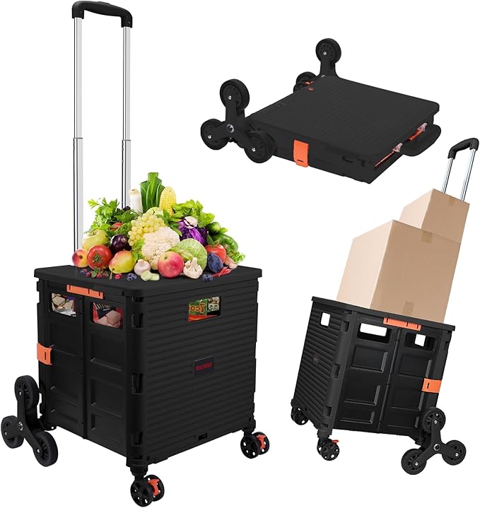 SELORSS Foldable Utility Cart Collapsible Crate Rolling Carts with Stair Climbing Wheels Rolling Tote Basket Teacher Cart with Lid Wear-Resistant 360°Rotate Wheel Noiseless for Moving Office-Black