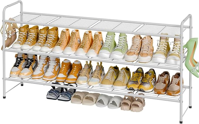 3 Tier Shoe Rack for Closet, 44 Inch Extra Long Shoe Storage Organizer for Shelves, Heavy Duty Metal, Easy Assembly, White